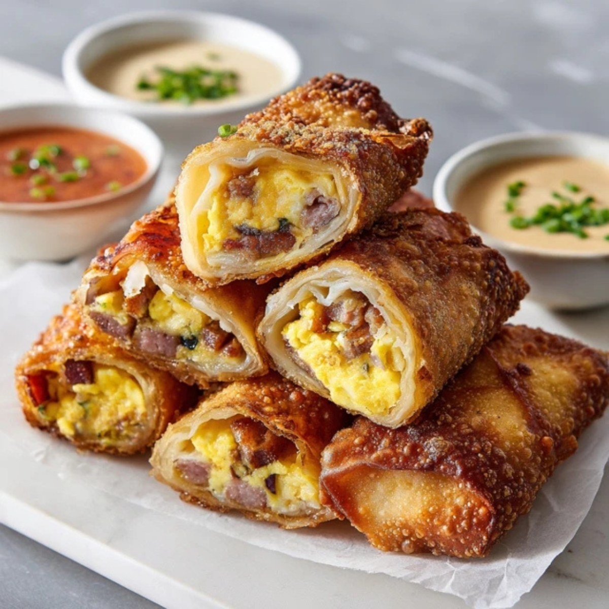 Crispy breakfast egg rolls filled with eggs, sausage, bacon, and cheese