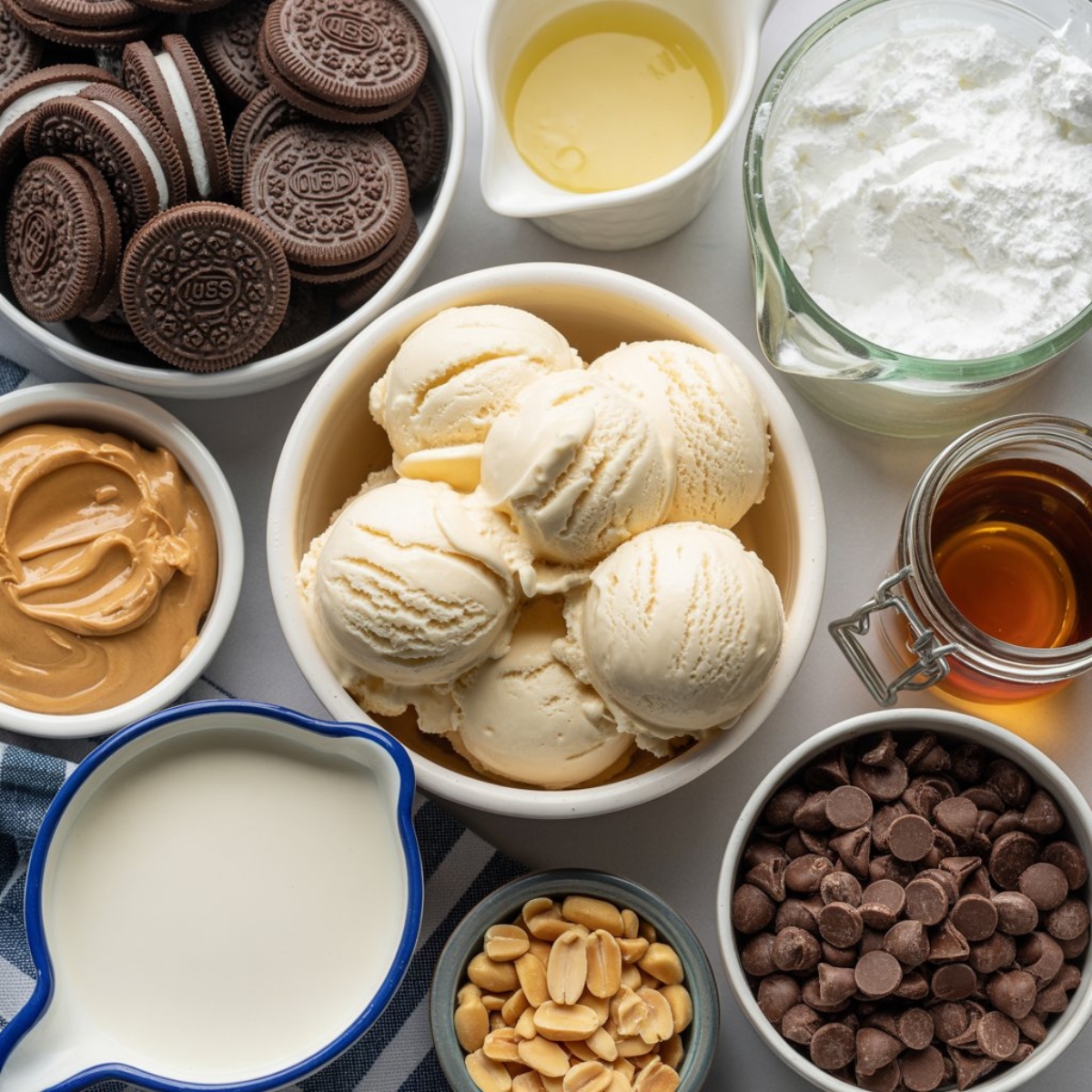 Ingredients for homemade buster bar ice cream cake laid out on a white kitchen counter.