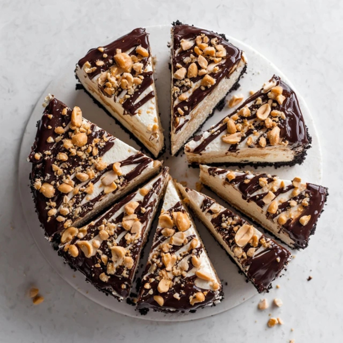 Homemade buster bar ice cream cake with Oreo crust, peanut butter, vanilla ice cream, and chocolate ganache.