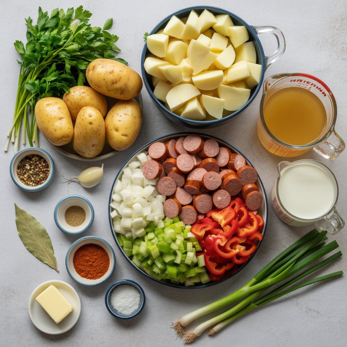 Flat lay of ingredients for Instant Pot French Onion Pot Roast on white kitchen counter