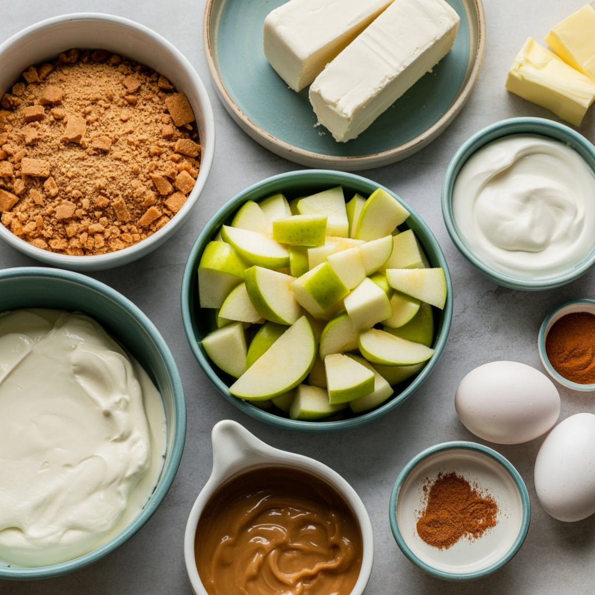 ingredients for caramel apple cheesecake bars on white counter