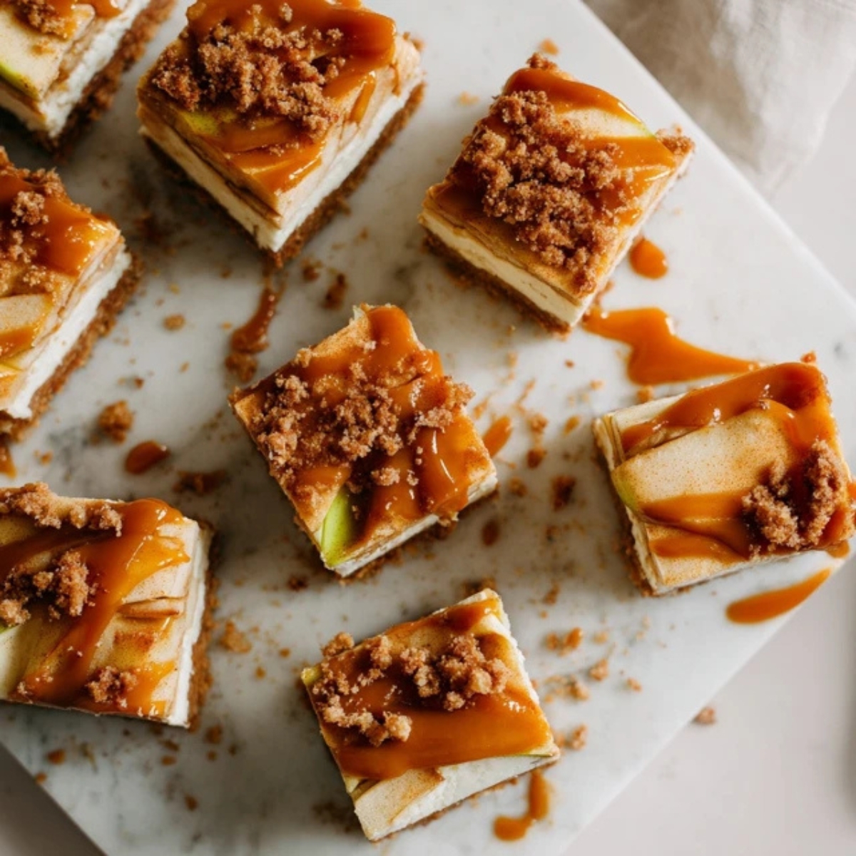 homemade caramel apple cheesecake bars with caramel drizzle