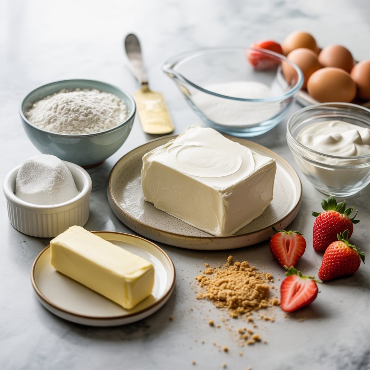 Cheesecake cookies ingredients on a white kitchen counter
