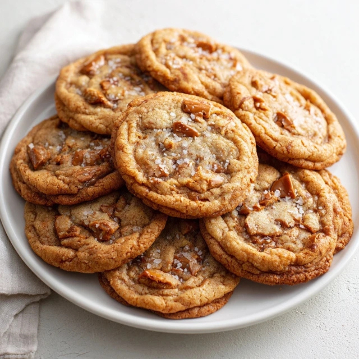 Homemade chewy toffee cookies with golden edges and toffee bits
