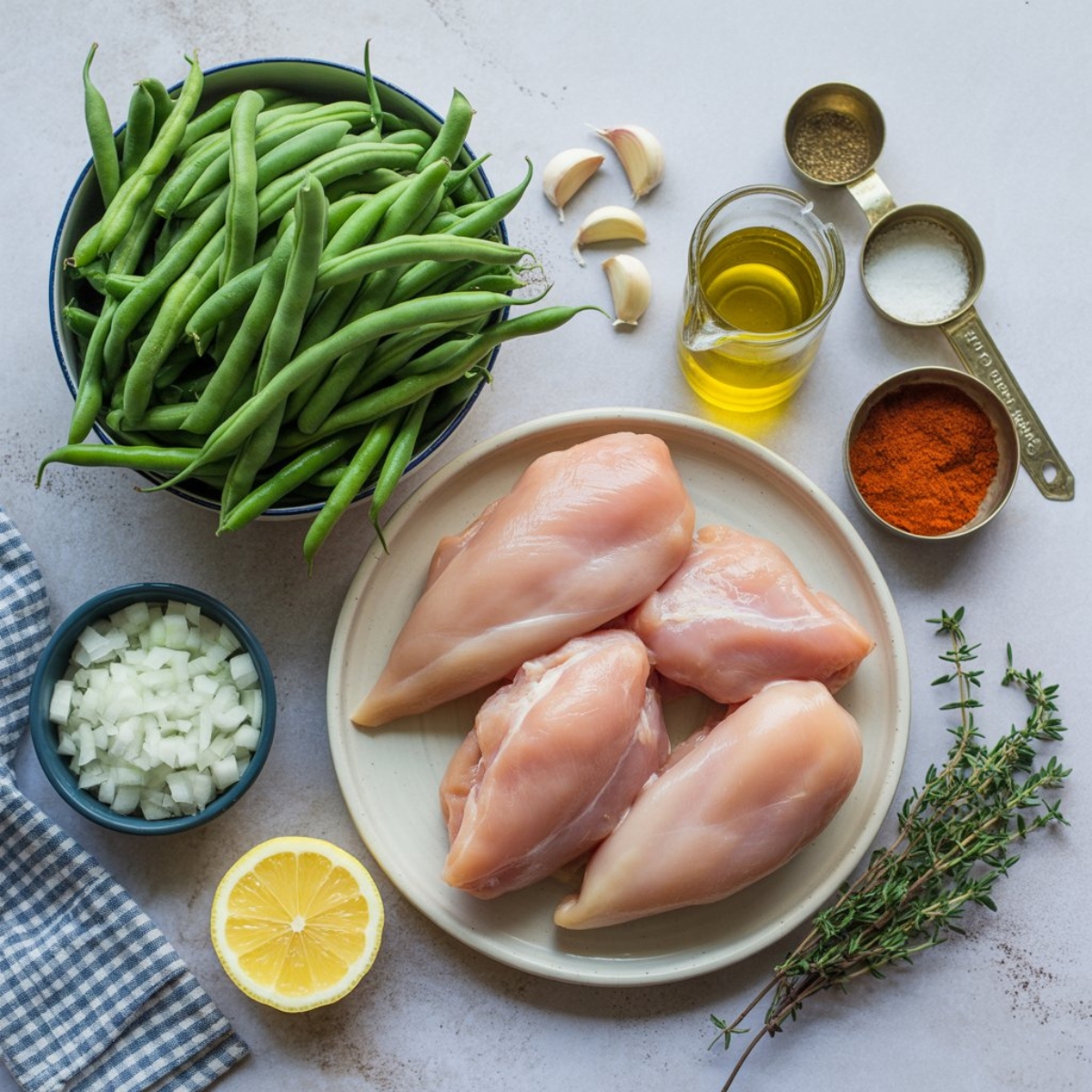 Fresh ingredients for chicken and green beans recipe on counter