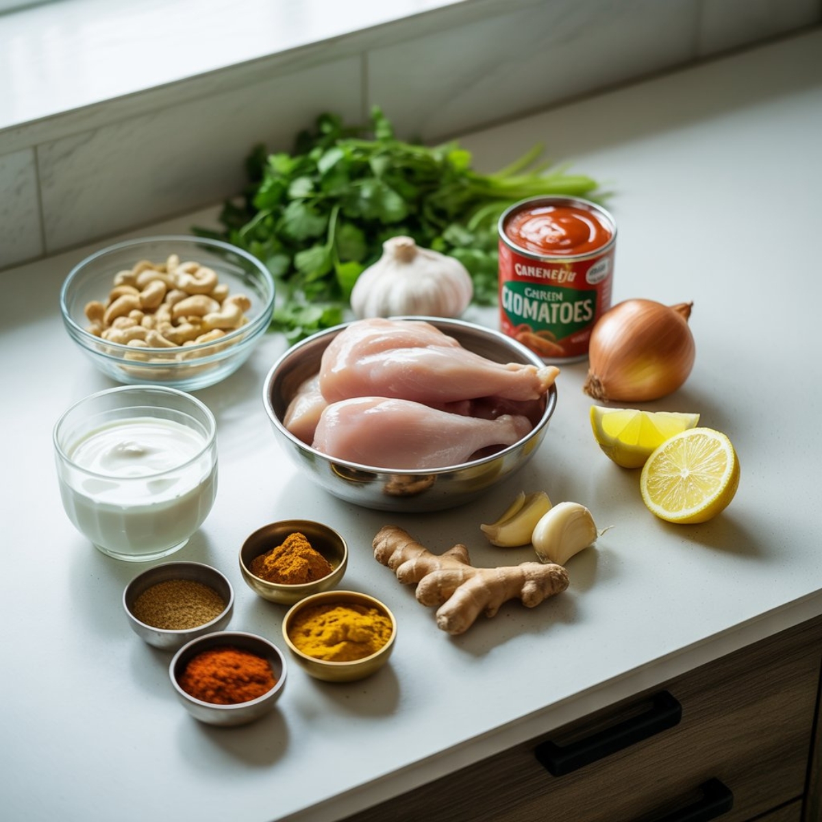chicken butter sauce ingredients laid out on white counter