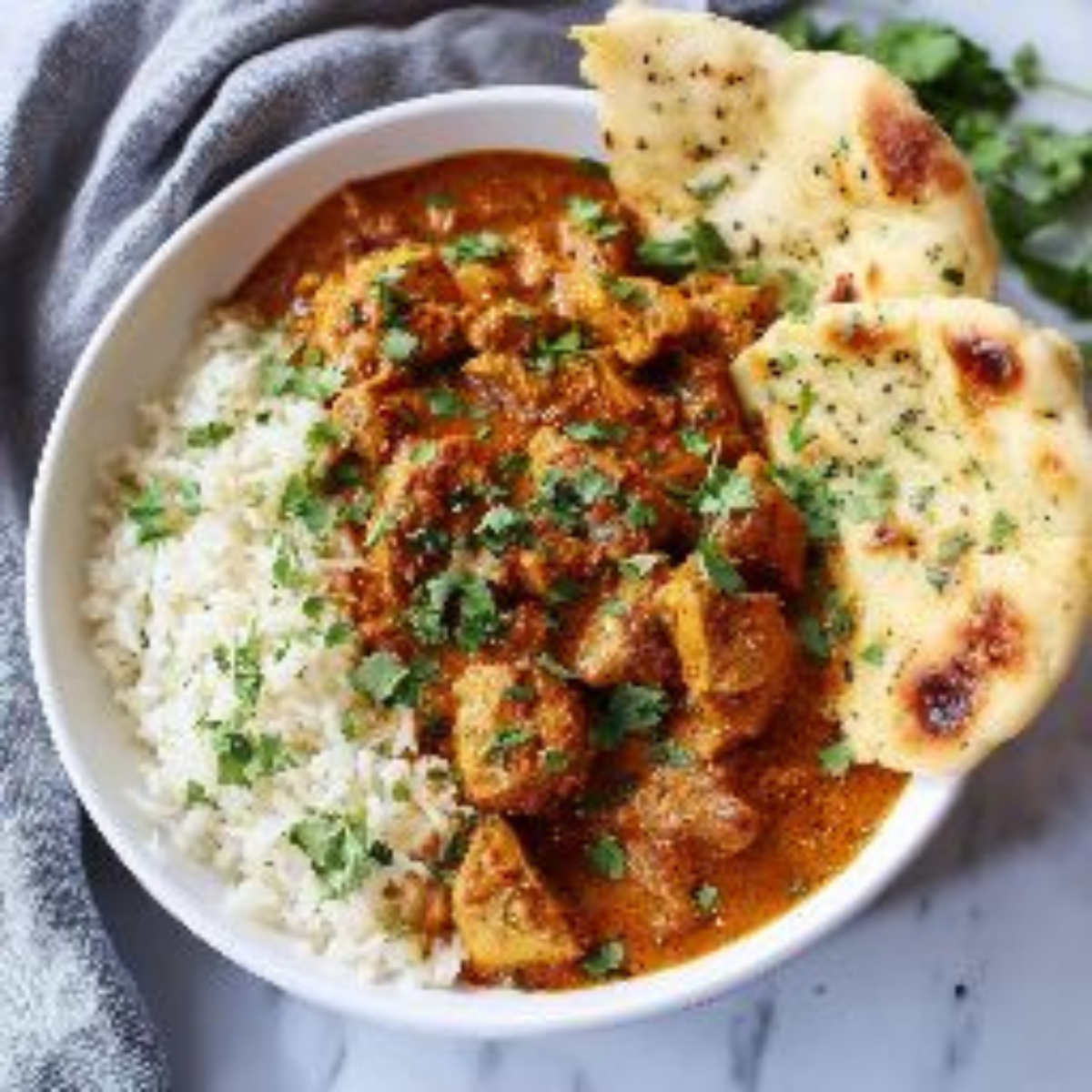 creamy chicken butter sauce with rice and naan on white kitchen counter