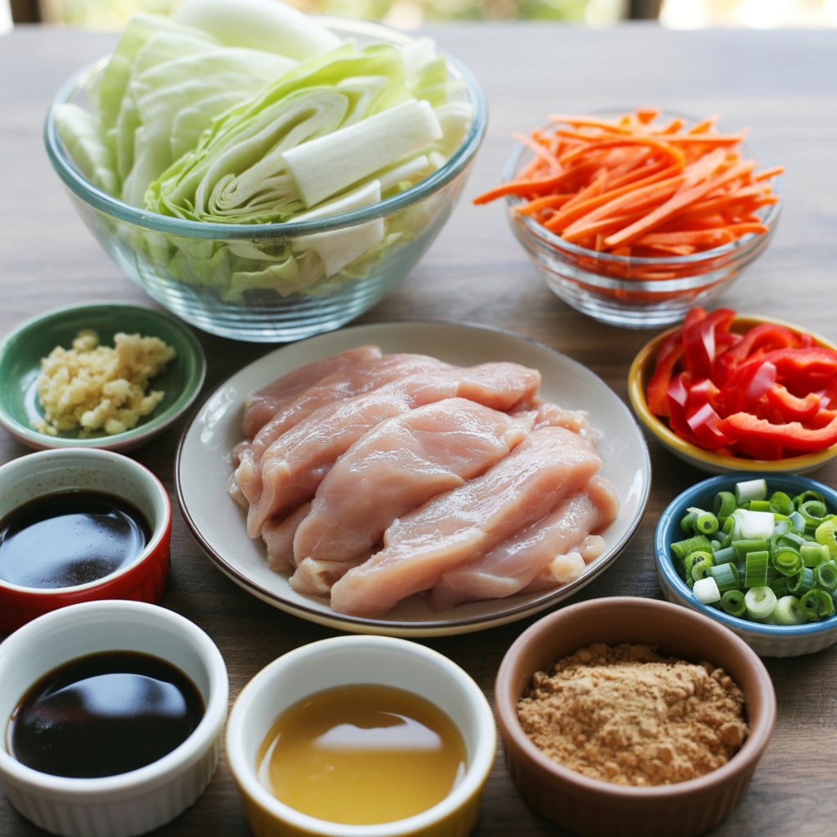 Fresh chicken cabbage stir fry ingredients prepared on a white counter