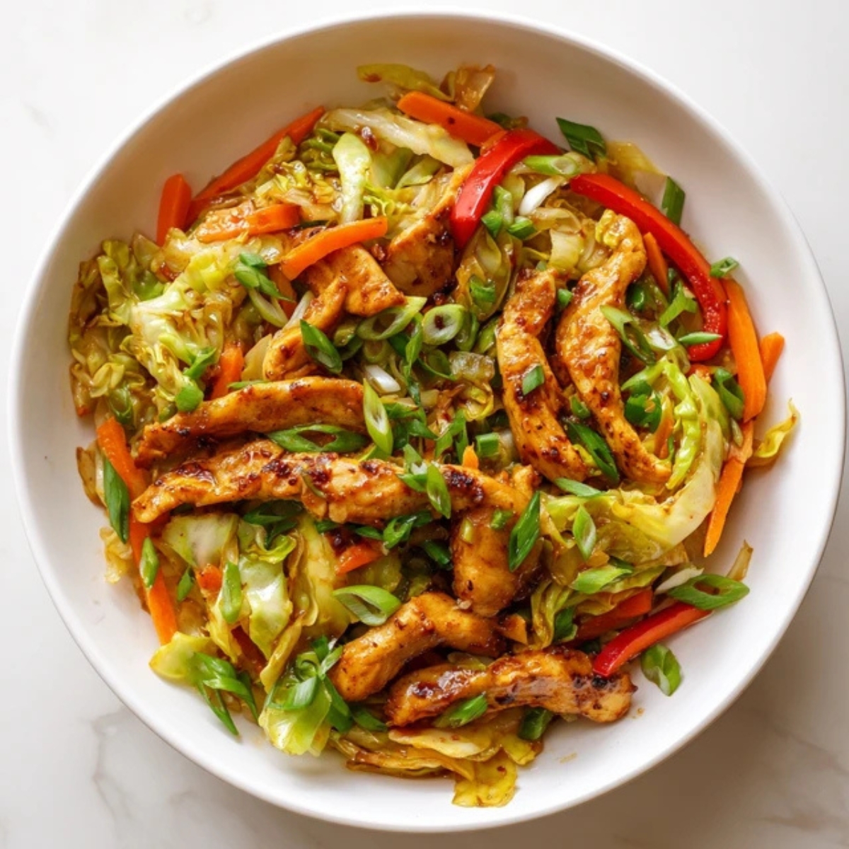 Healthy chicken cabbage stir fry with colorful vegetables in a white bowl