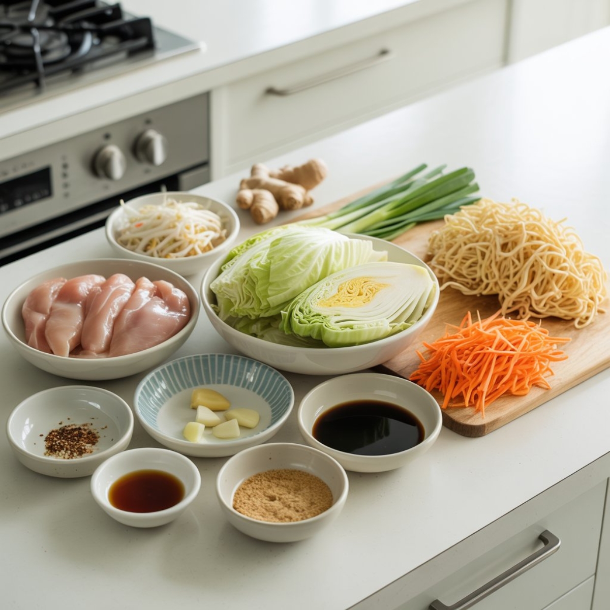fresh chicken chow mein ingredients on kitchen counter