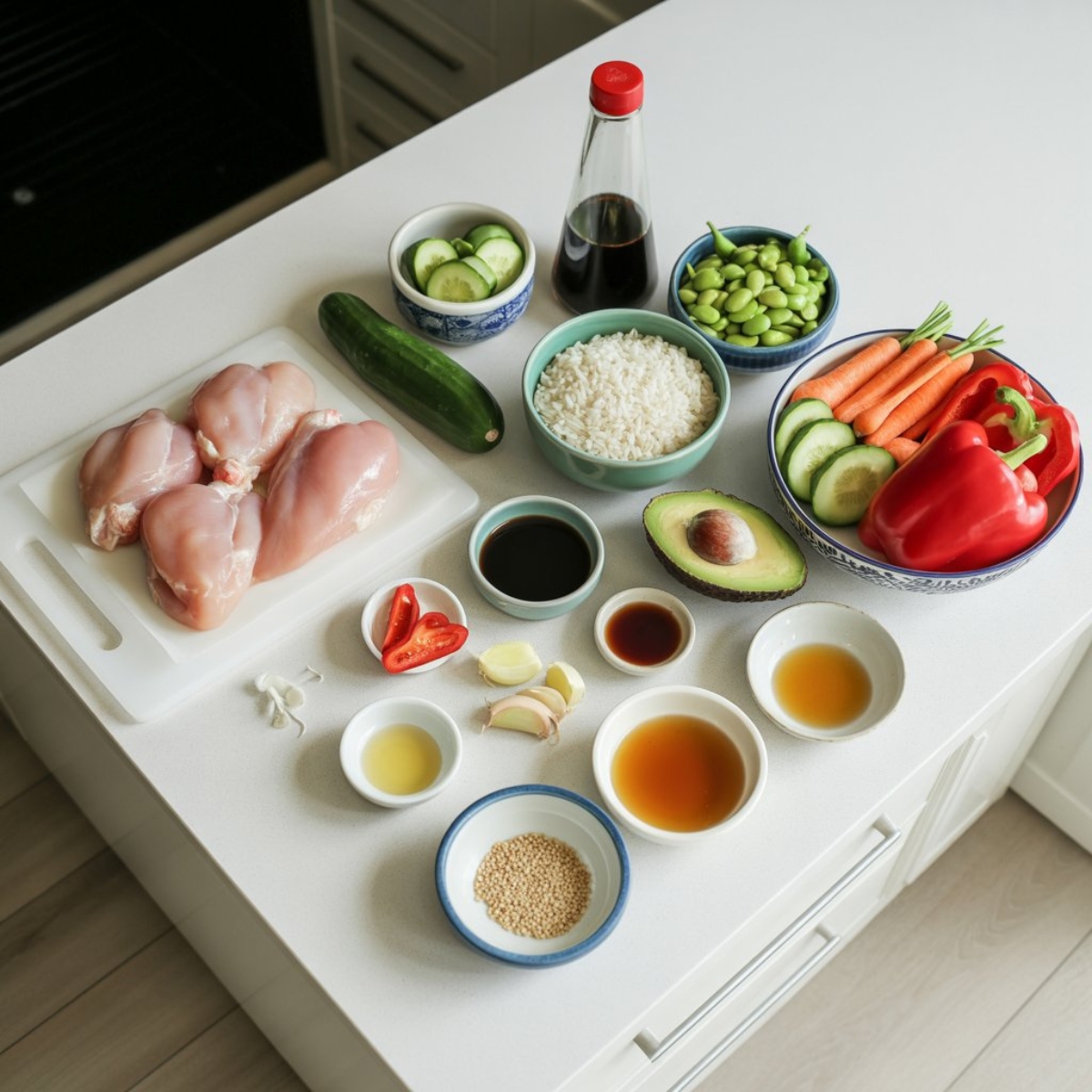 Fresh ingredients for chicken rice bowl recipe on white counter