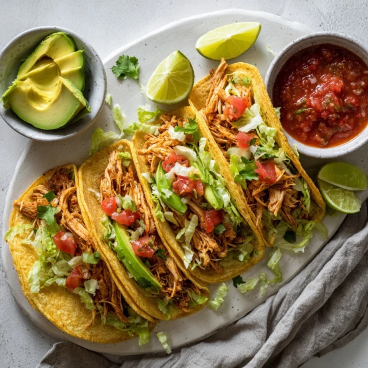 juicy shredded chicken tacos instant pot on tortillas with fresh toppings
