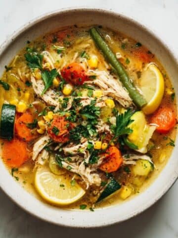 Homemade chicken and veggie soup with carrots, zucchini, and green beans in a white bowl