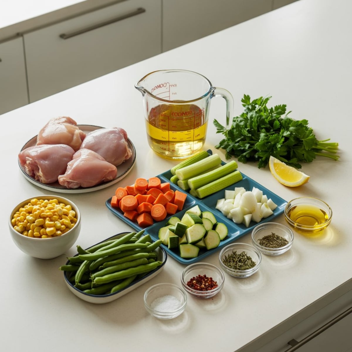 Fresh ingredients for homemade chicken and veggie soup on a kitchen counter