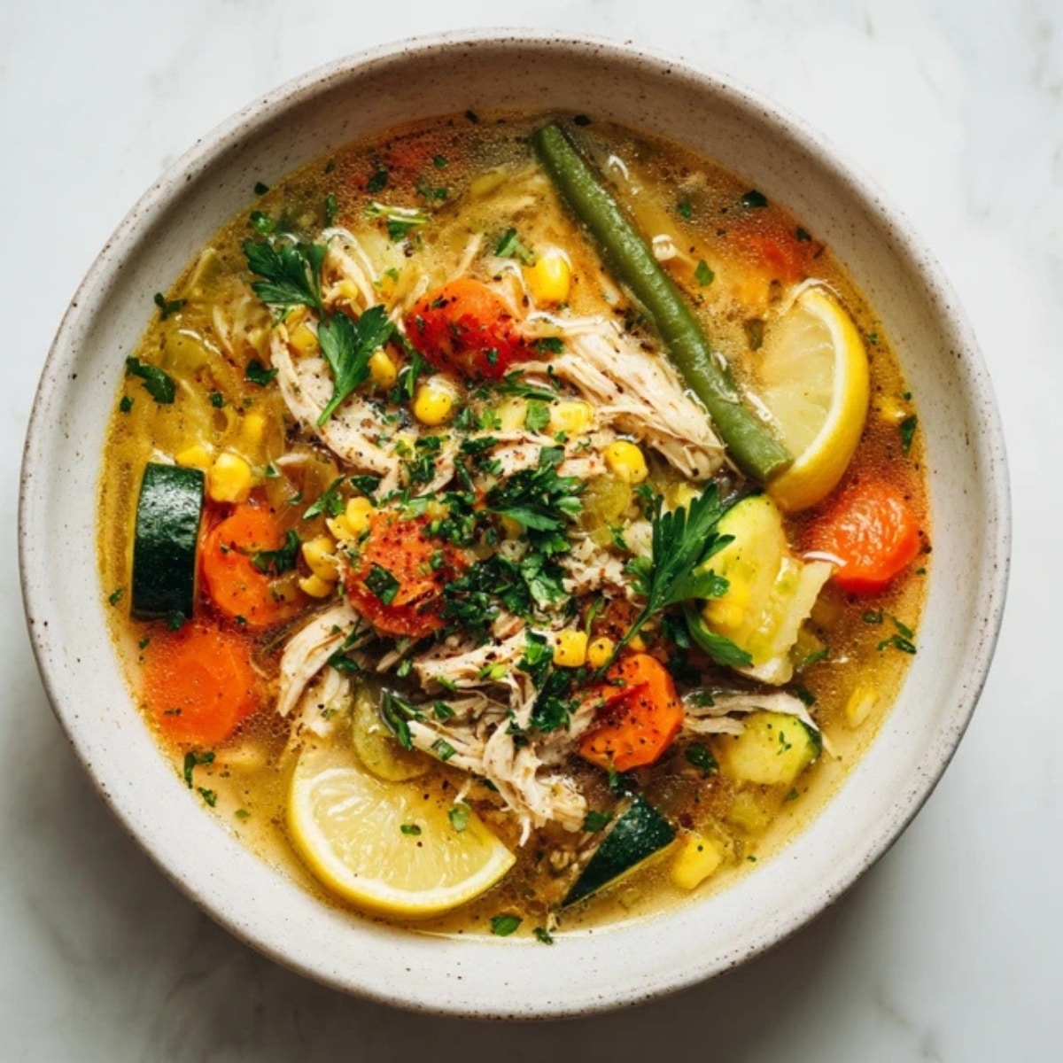 Homemade chicken and veggie soup with carrots, zucchini, and green beans in a white bowl