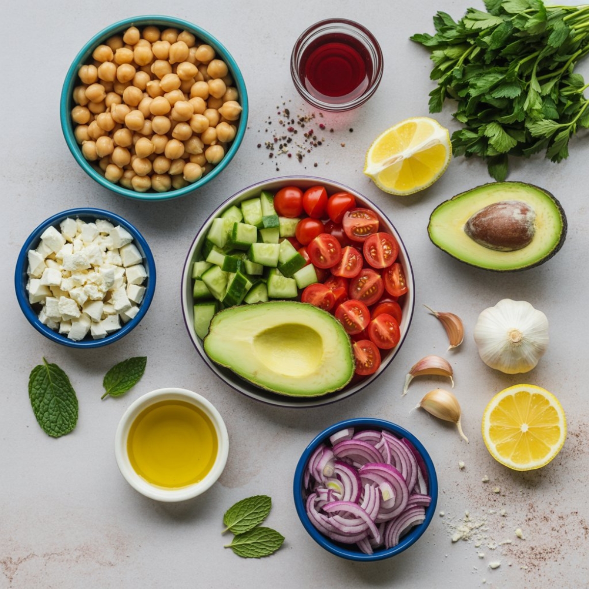 Fresh ingredients for chickpea avocado feta salad flat lay