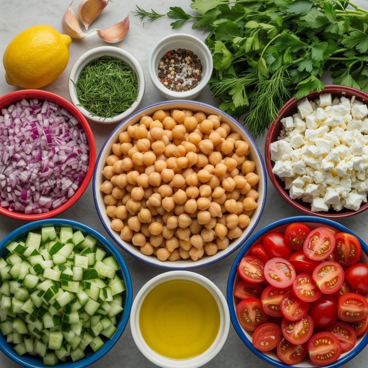 Chickpea feta salad ingredients flat lay with fresh vegetables and herbs