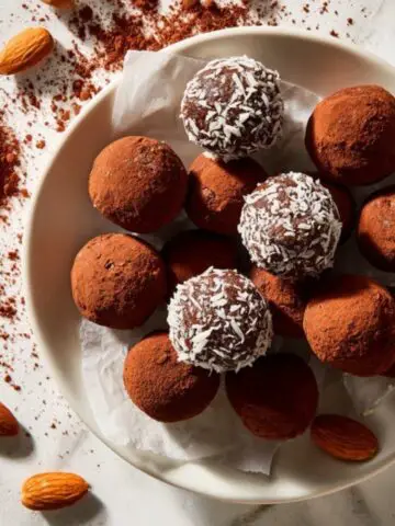 homemade chocolate almond energy bites on white kitchen counter
