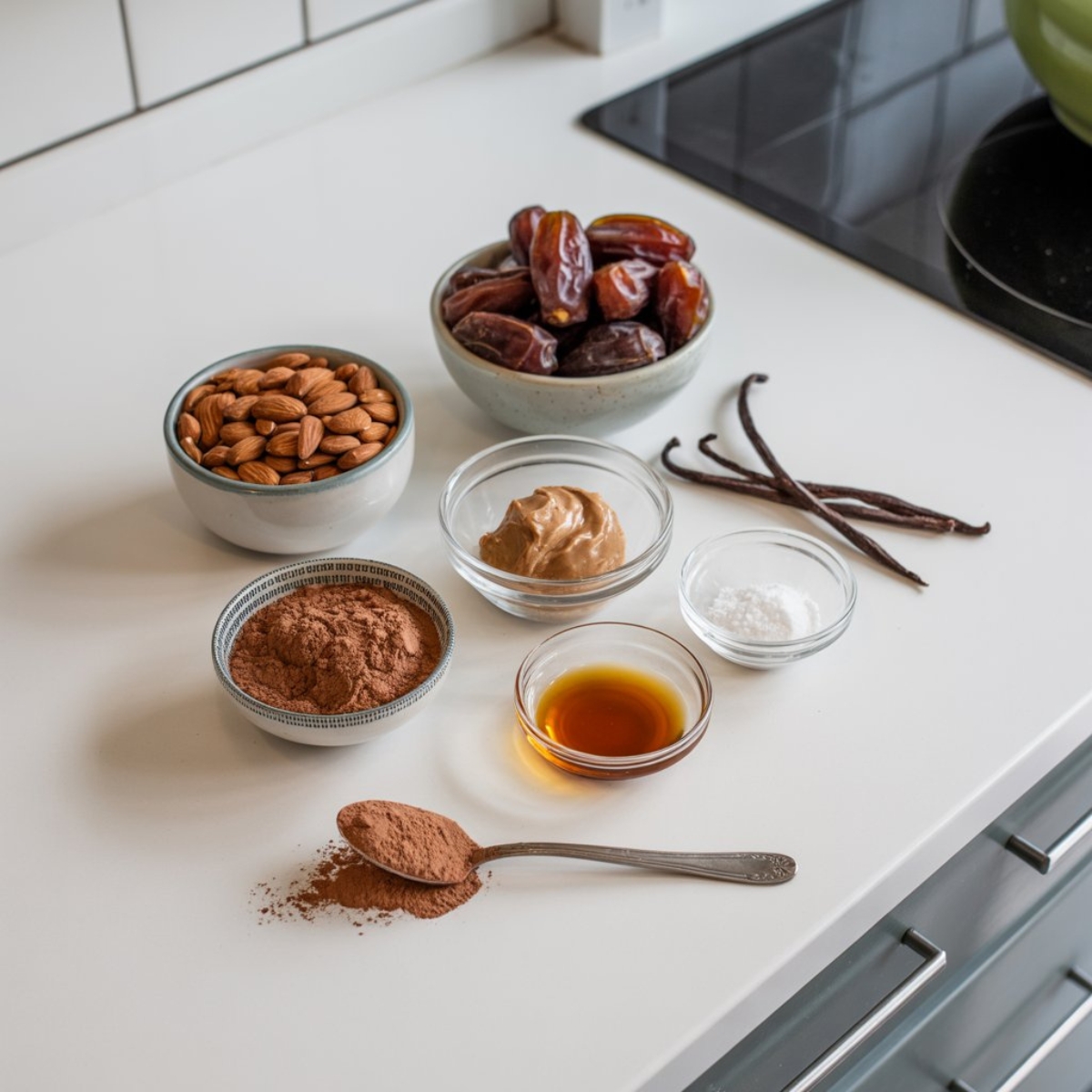 ingredients for chocolate almond energy bites flat lay