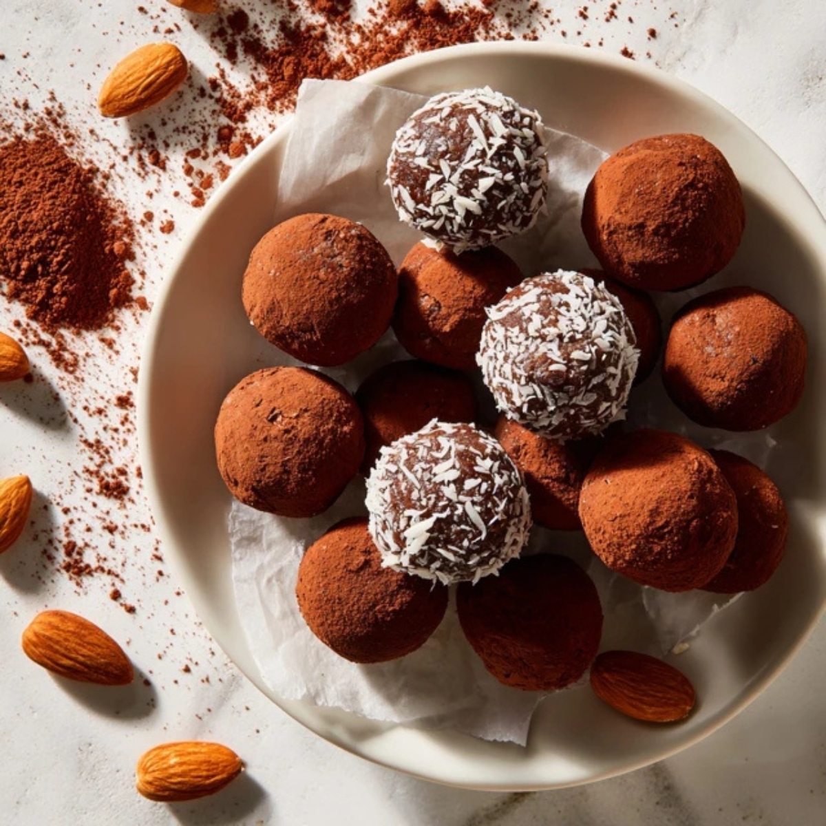 homemade chocolate almond energy bites on white kitchen counter