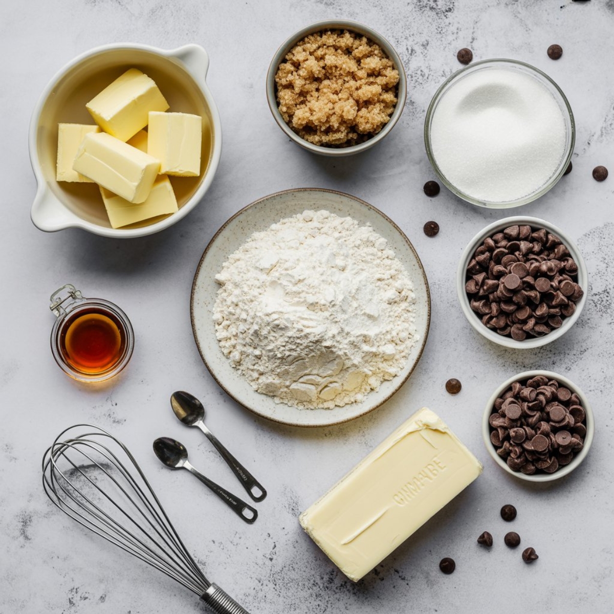Ingredients for chocolate chip cookie dough cups on counter