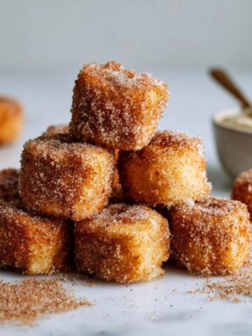 Golden churro cheesecake bites with cinnamon sugar coating on white kitchen counter