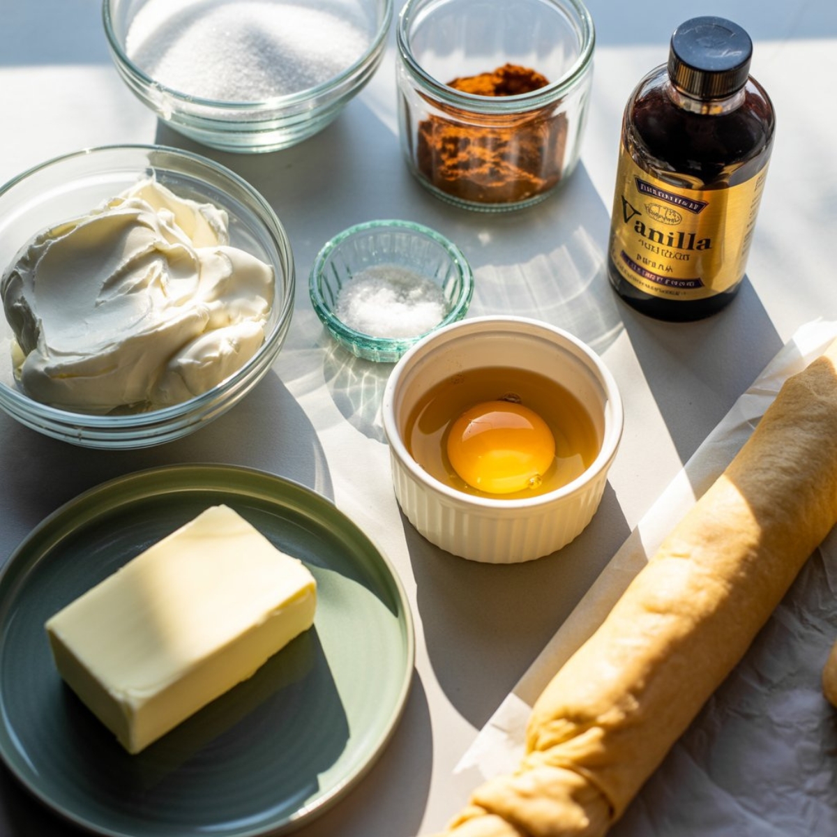 Flat lay of ingredients for churro cheesecake bites on white kitchen counter