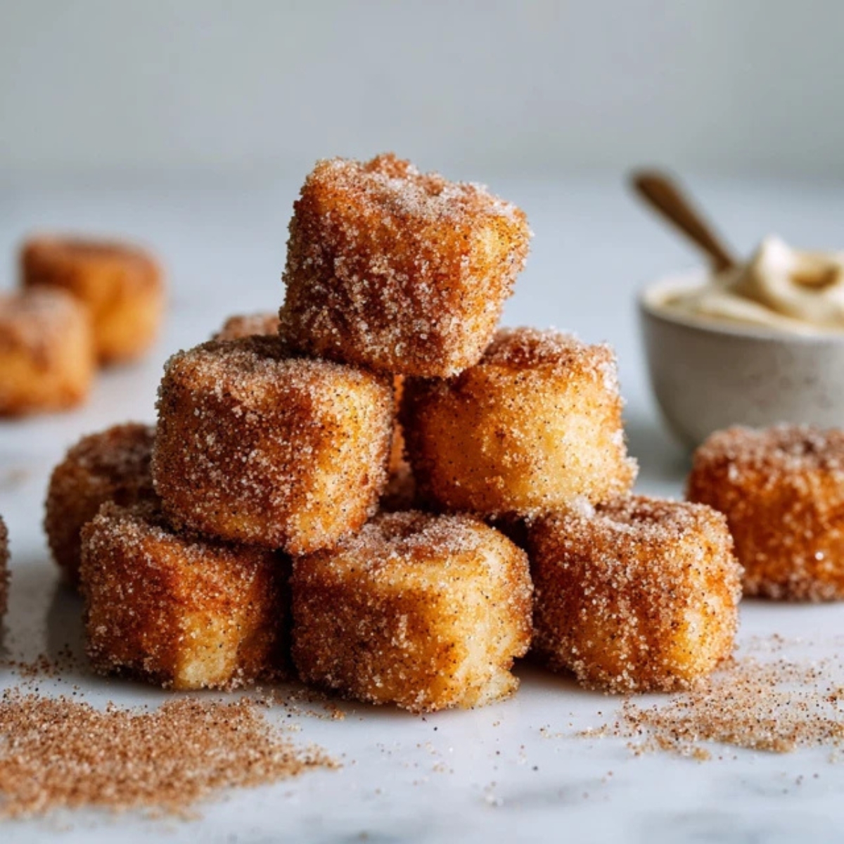 Golden churro cheesecake bites with cinnamon sugar coating on white kitchen counter
