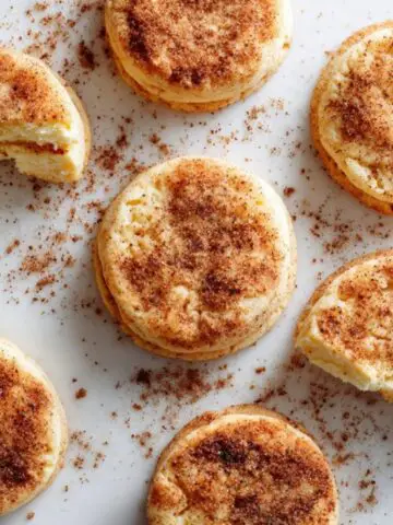 churro cheesecake cookies with creamy cheesecake filling and cinnamon sugar coating
