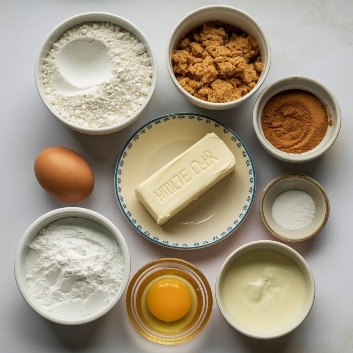 ingredients for churro cheesecake cookies including flour, sugar, cinnamon, cream cheese, butter, and egg