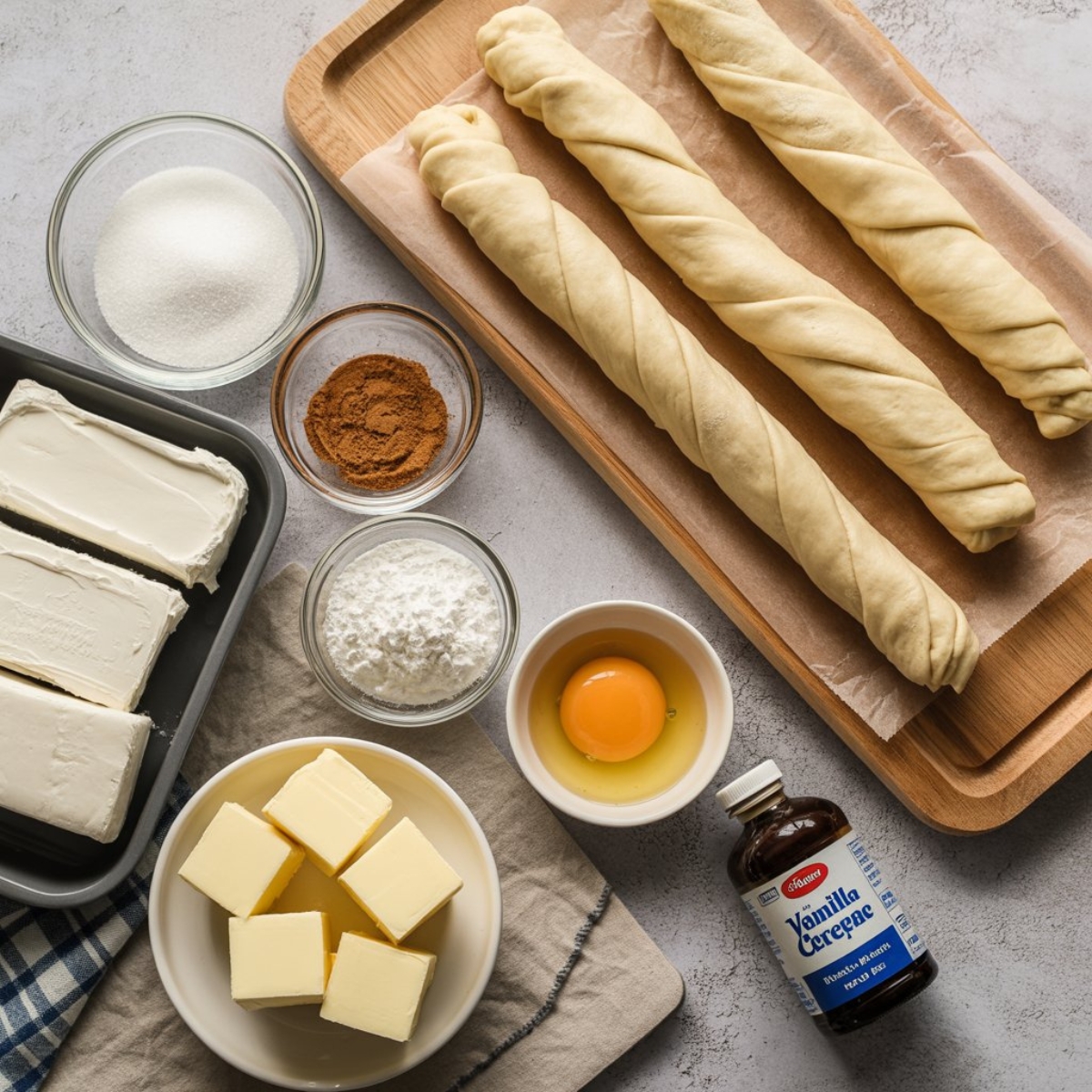 Ingredients for churro cheesecake recipe with crescent rolls, cream cheese, and cinnamon sugar