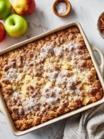 Cinnamon apple crumb cake with streusel topping on white kitchen counter