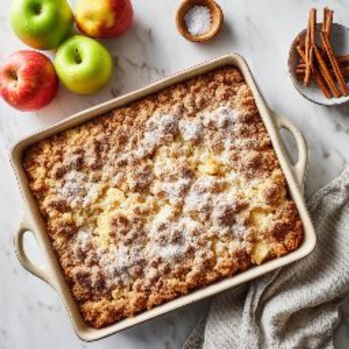 Cinnamon apple crumb cake with streusel topping on white kitchen counter