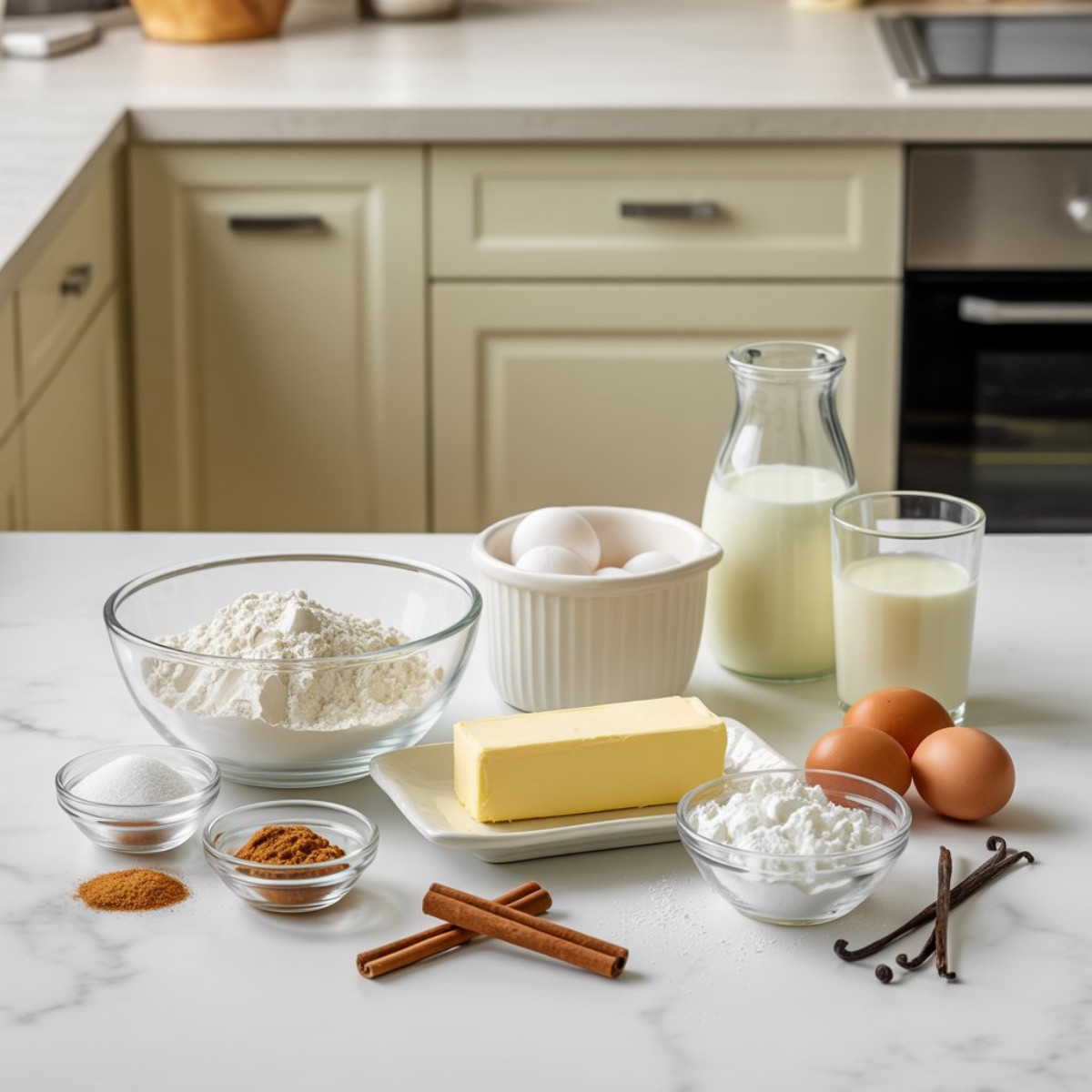 cinnamon roll cupcake ingredients arranged on white counter