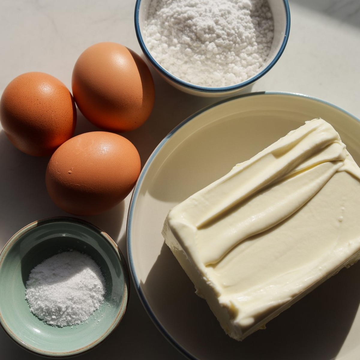 Eggs cream cheese and baking powder ingredients for cloud bread