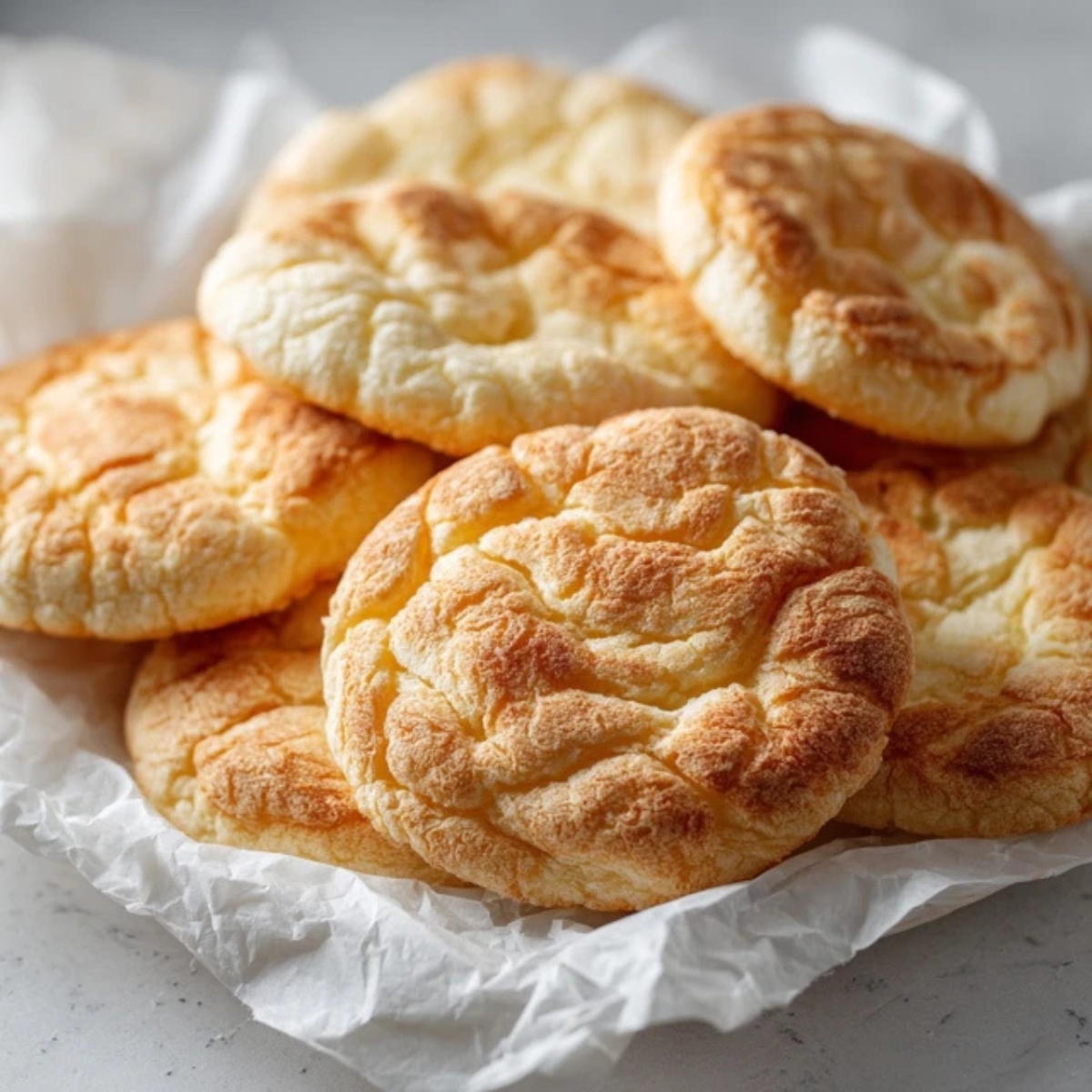 Fluffy golden cloud bread rounds on parchment paper