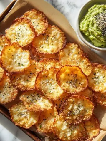 Crispy golden cottage cheese chips on parchment paper