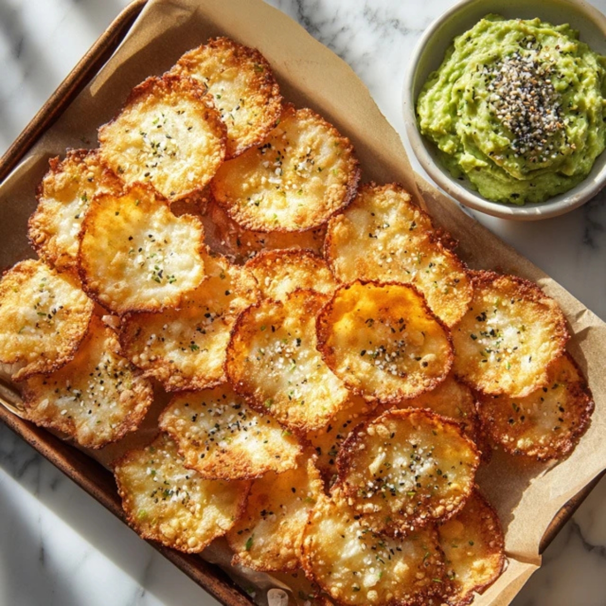 Crispy golden cottage cheese chips on parchment paper