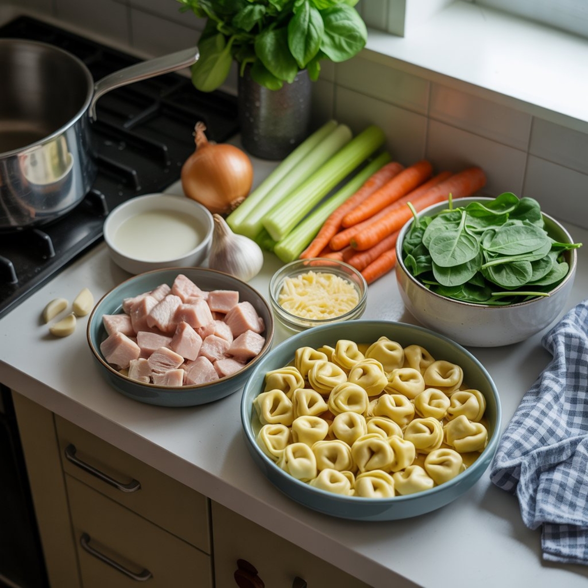 fresh ingredients for creamy chicken tortellini soup flat lay
