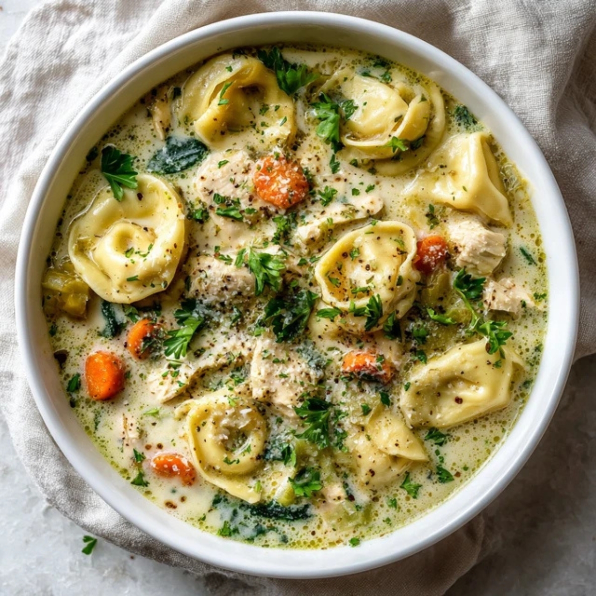 creamy chicken tortellini soup in bowl with spinach and parmesan