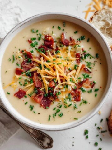 Creamy garlic potato soup with chives, bacon, and cheese on white kitchen counter