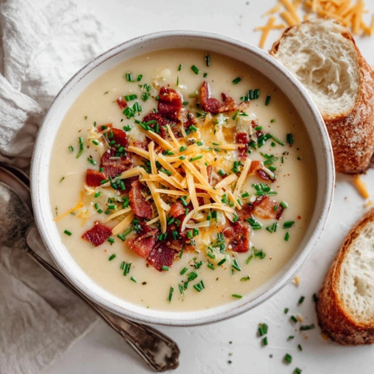 Creamy garlic potato soup with chives, bacon, and cheese on white kitchen counter