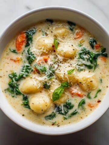 Creamy gnocchi soup with spinach and Parmesan in white bowl