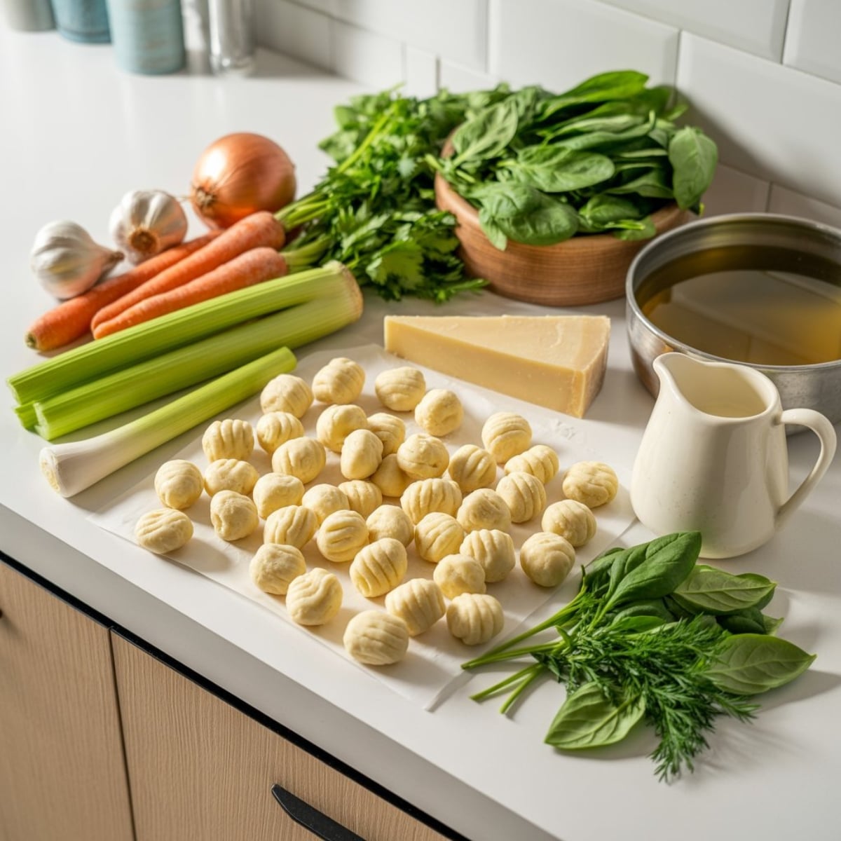 Fresh vegetables, herbs, gnocchi, and cream for gnocchi soup