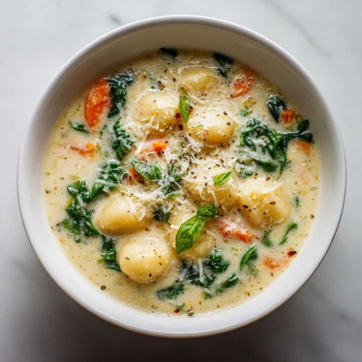 Creamy gnocchi soup with spinach and Parmesan in white bowl
