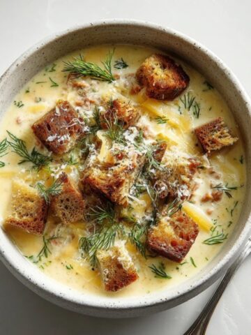 creamy reuben soup with rye croutons and Swiss cheese