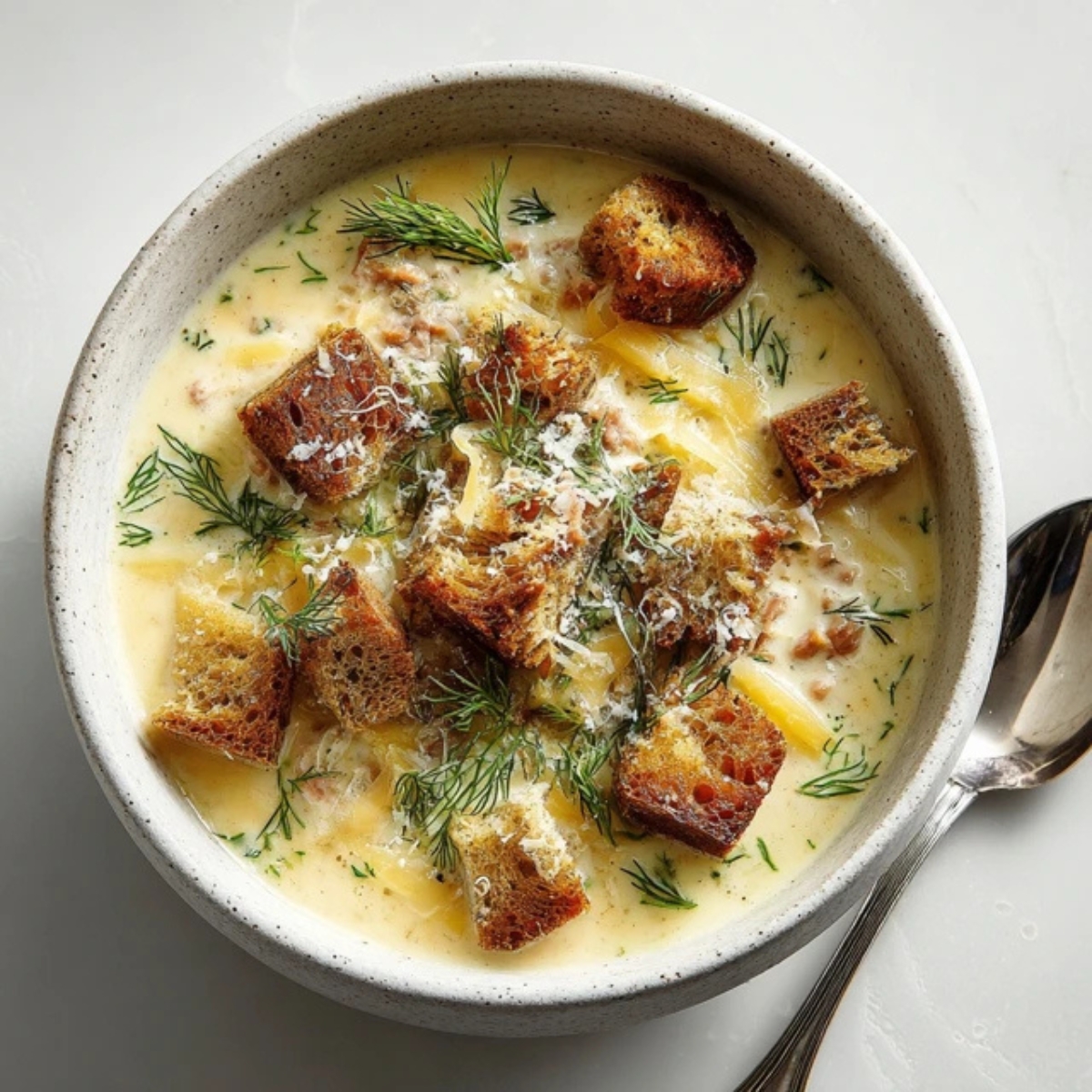 creamy reuben soup with rye croutons and Swiss cheese