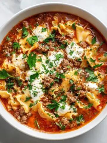 Crockpot lasagna soup with beef, noodles, and melted cheese