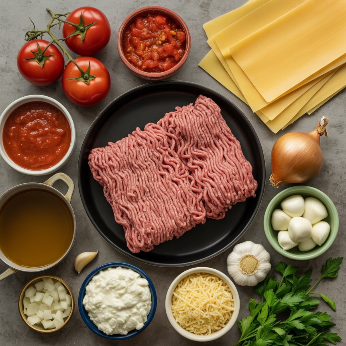 Ingredients for crockpot lasagna soup on white counter