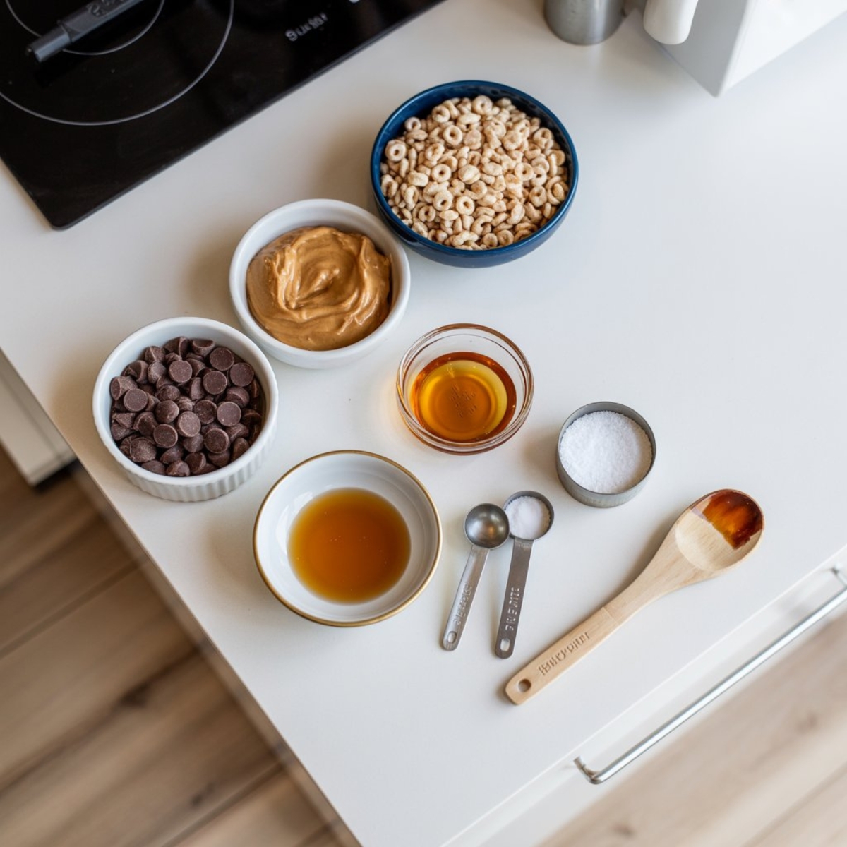 crunch bar ingredients flat lay on kitchen counter
